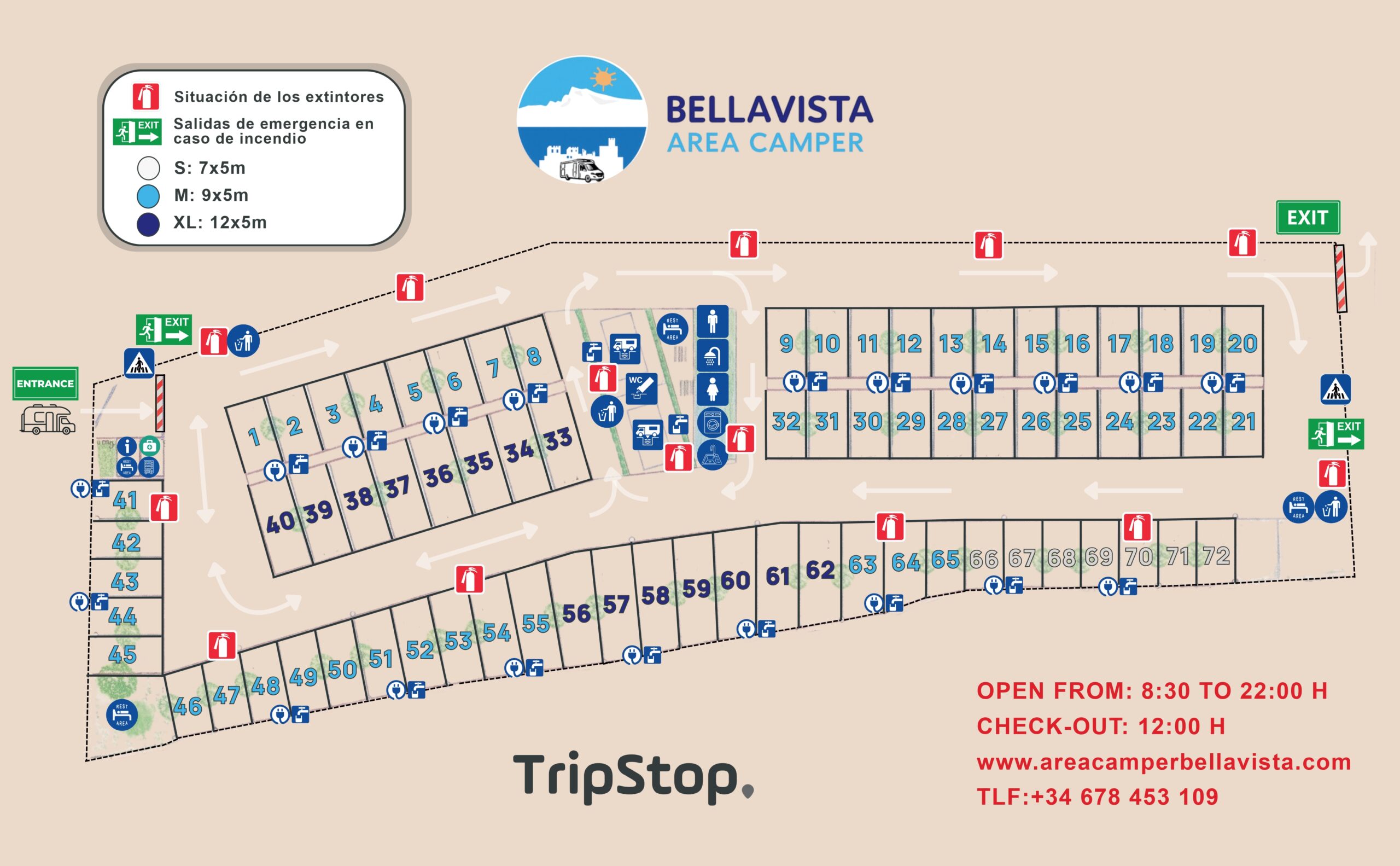 Plano de Área Camper Bellavista con distribución de plazas, entrada, servicios, extintores y salidas de emergencia.