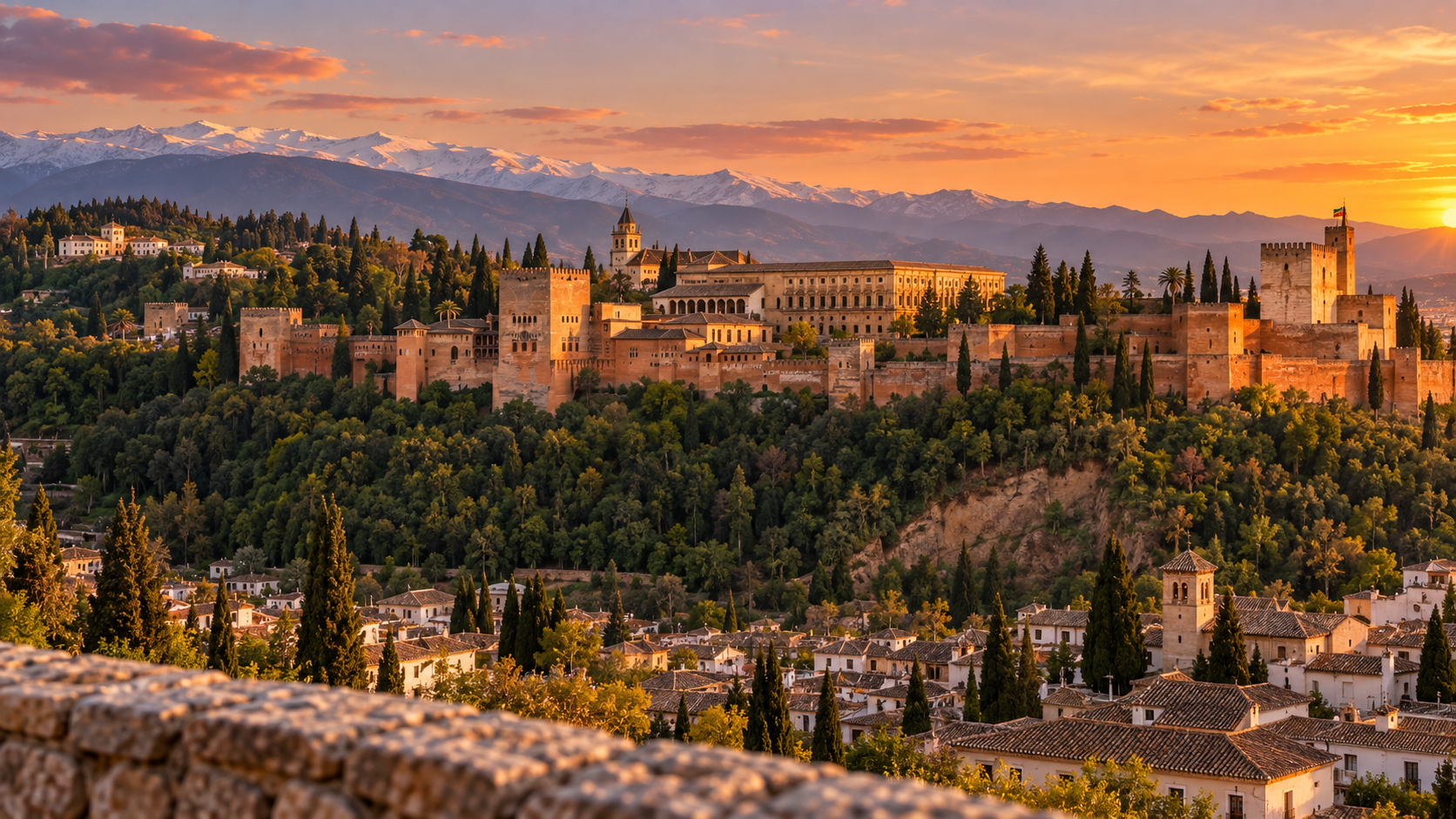 Panorámica de la Alhambra y Granada al atardecer.